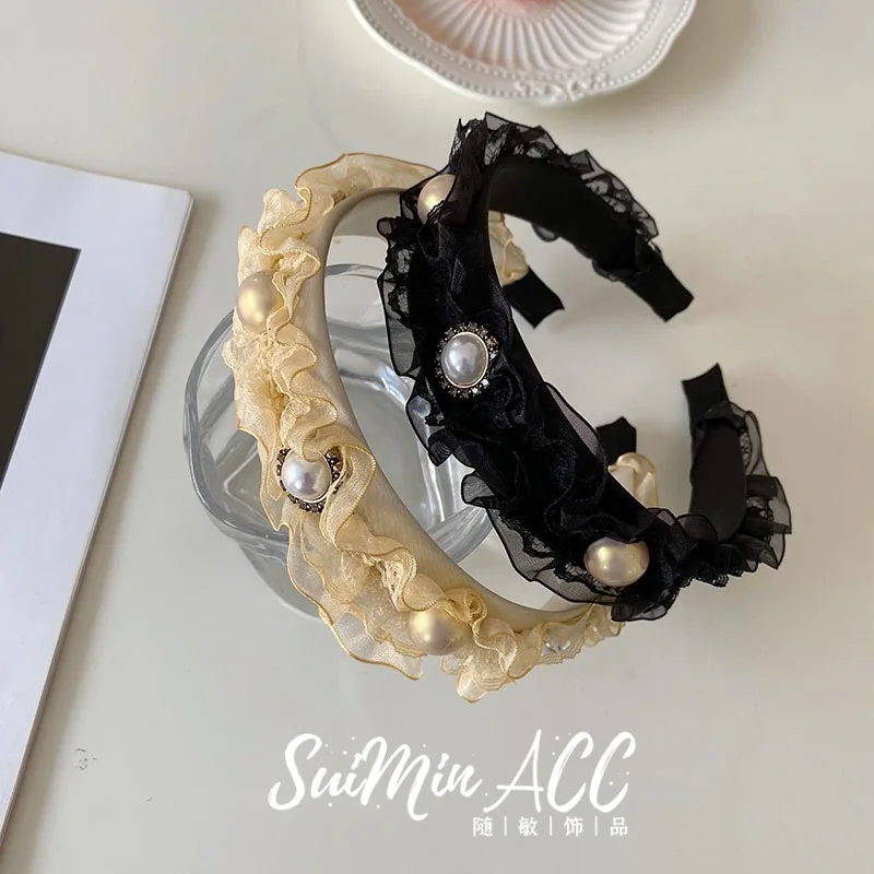 

Korean INS small fragrance drape headband lace lotus leaf pearl headband is sweet wide edge hair bound headband headwear female