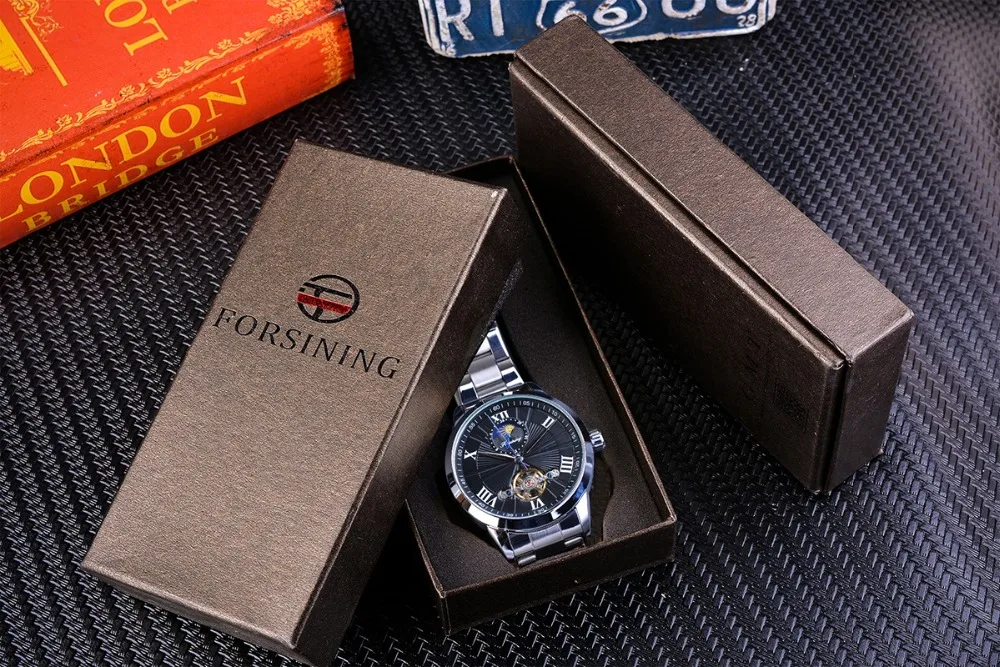 Forsining классические мужские Tourbillon механические часы модный бренд черный Moonphase бизнес стальной ремешок автоматические часы Reloj Hombre