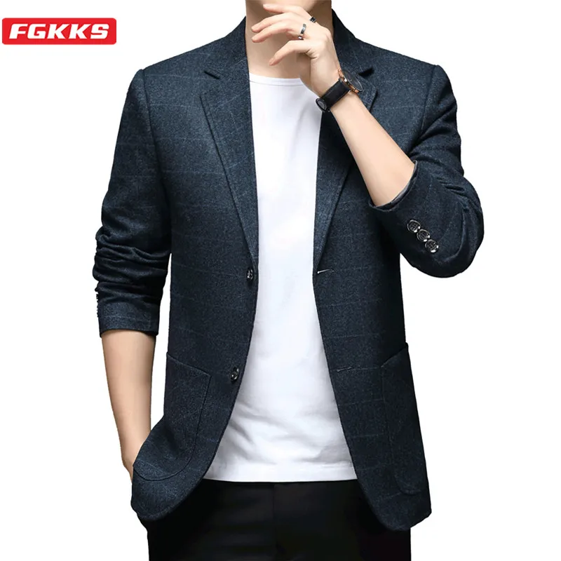 FGKKS Men Business Casual Blazers Coat 2021 New Men High Quality Fashion Wild Blazer Suit Slim Fit Plaid Blazer Jacket Male