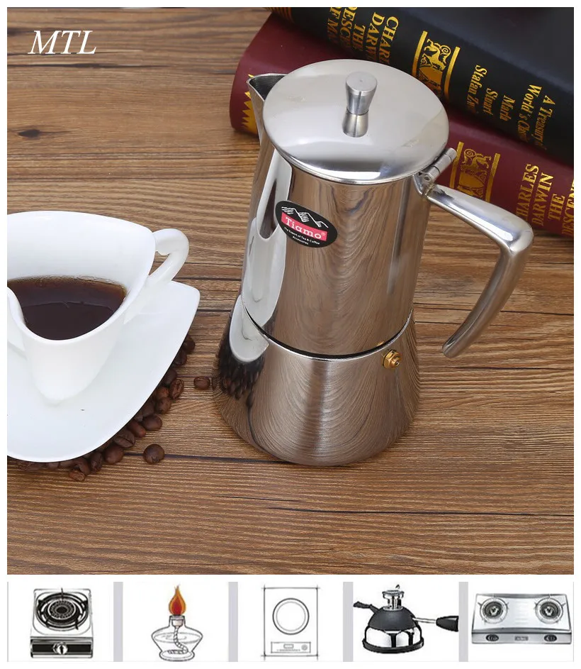 Кофеварка expresso, 4/6 чашек, 304 нержавеющая сталь, Кофеварка Moka, чайник, плита, топ, Гейзер, Кофеварка