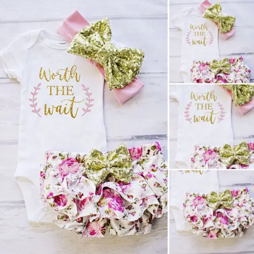 

Pudcoco Newborn Baby Girl Clothes Set Kids Letter Print Bodysuit + Floral Tutu Shorts + Sequin Headband Outfits Set