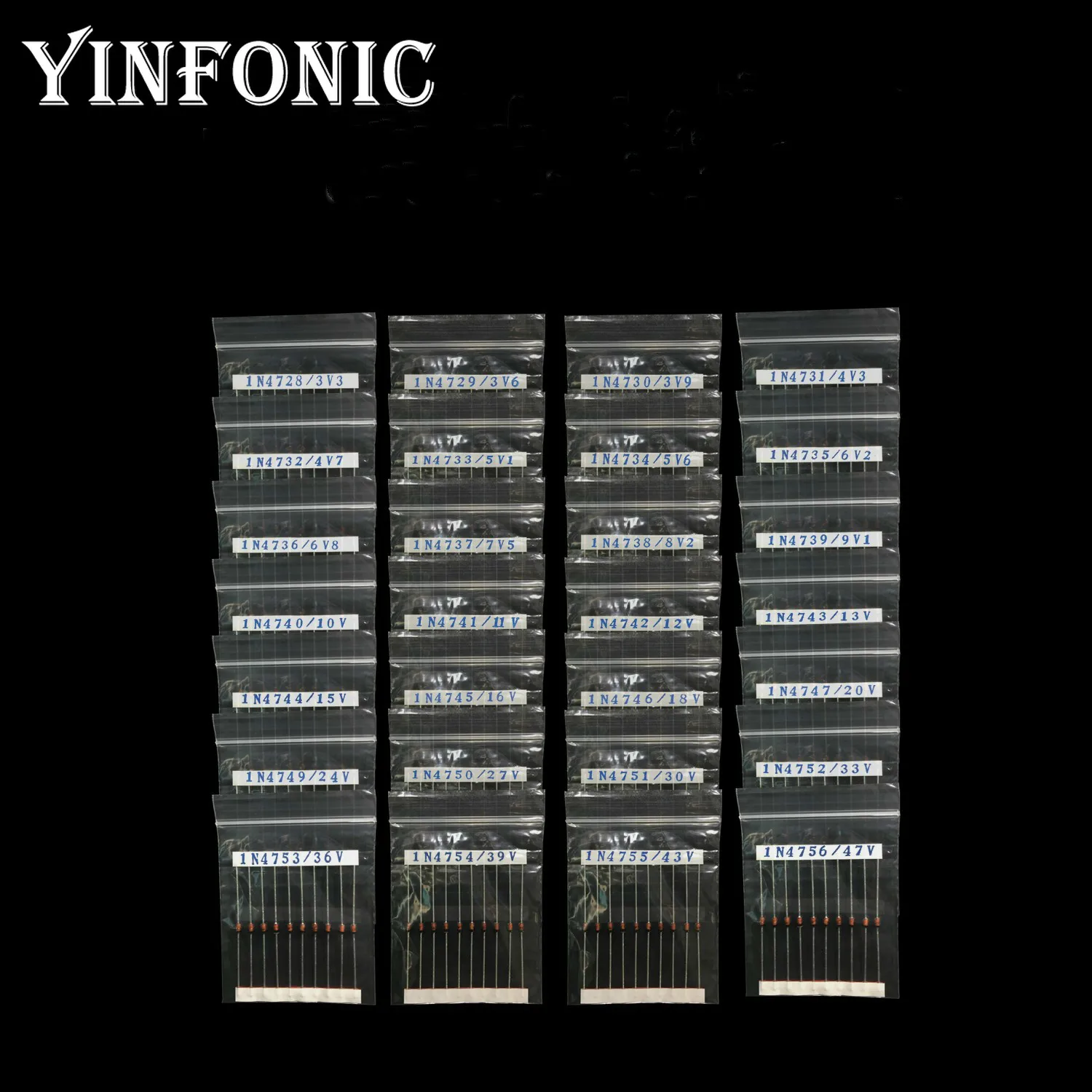 Комплект стеклянных стабилитронных диодов 1N4742 3,3 V-1N4756A 47V, 28 значений X 10 шт., 1 Вт