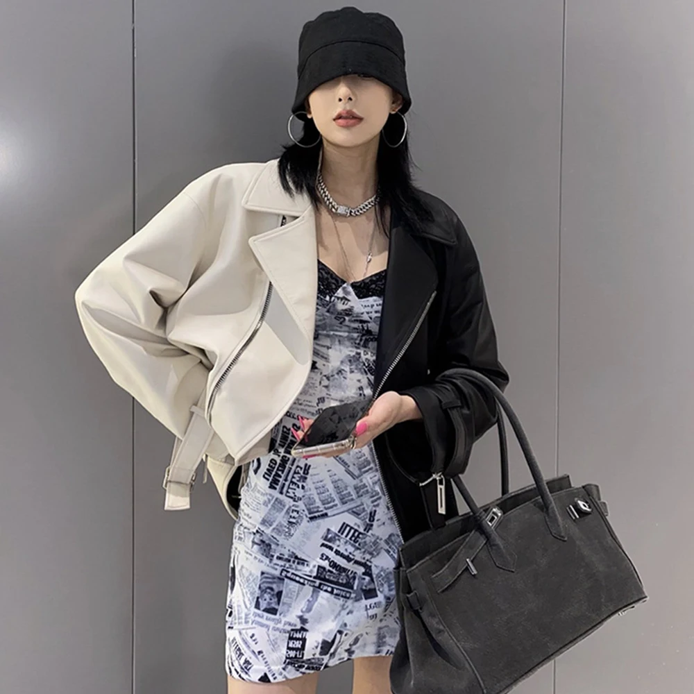 Spring Autumn Lapel Splicing PU Leather Jacket Women Moto Frenulum Faux Soft Leather Coat Casual Loose Outwear With Belt