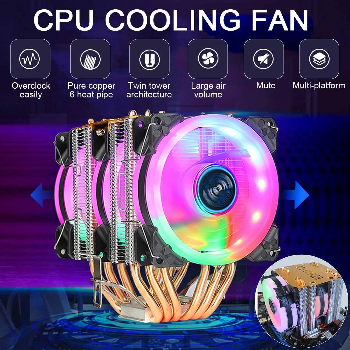 

Кулер ЦП с 6 тепловыми трубками RGB, бесшумный радиатор PWM 4PIN для Core 2DUO/Celeronp/Pentium4/Intel LGA1155 1156 1355/Sempron/Athlon X2