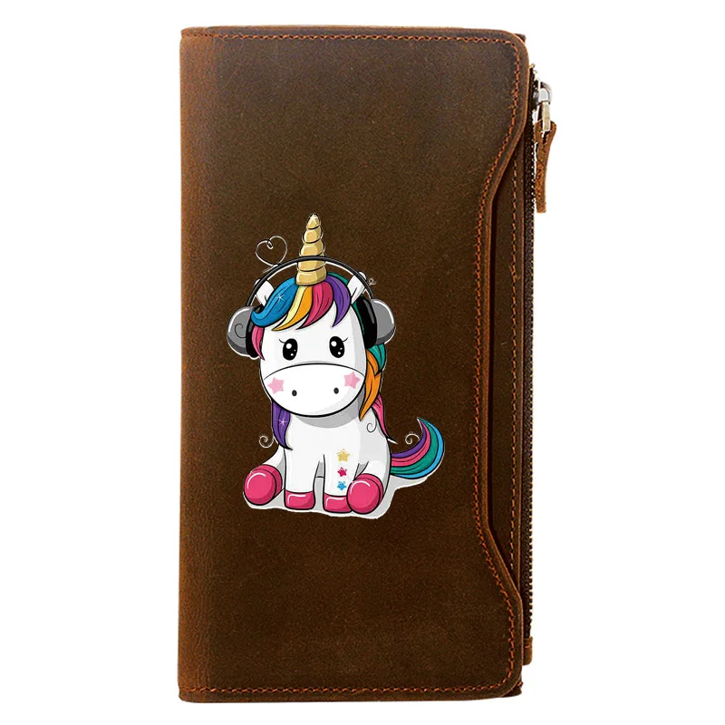 

Unicorn listening To Music Credit Card Holder Package Genuine Leather Zipper Wallet Men Long Clutch Purse Gift
