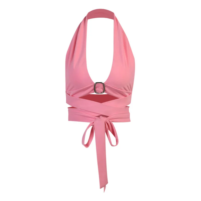 

InstaHot Hollow Out Halter Tank Top Women Sexy Buckle Lace Up Crop Top Party Club Summer Bustier Streetwear Pink Black Y2K Top
