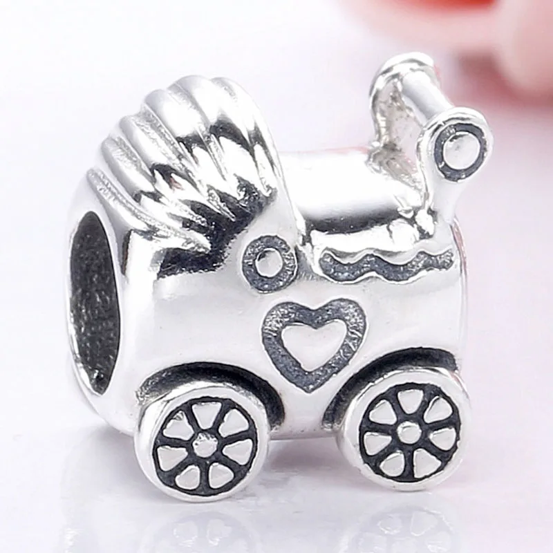 

New 925 Sterling Silver Charm Vintage Love Heart Baby Pram Carriage Stroller Bead Fit Original Bracelet Necklace DIY Jewelry