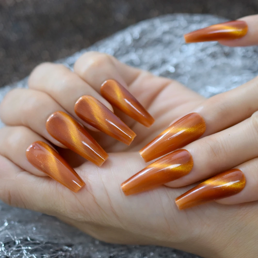 Накладные ногти в виде оранжевой Галактики очень длинные конические магнитные