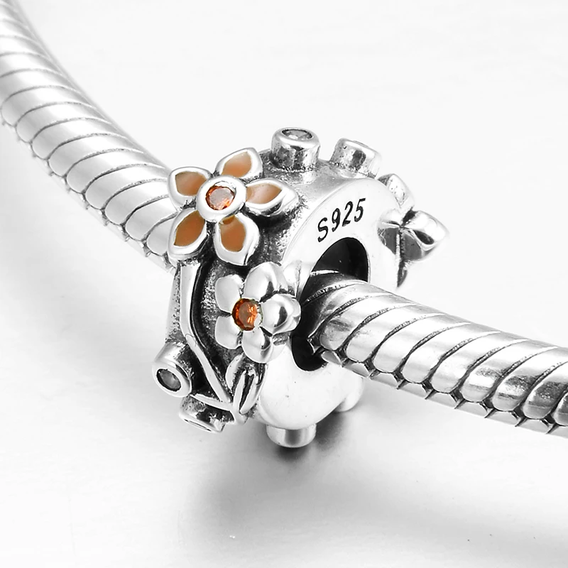 Стерлинговое Серебро 925 пробы оранжевые весенние цветы пробки бусины подходят