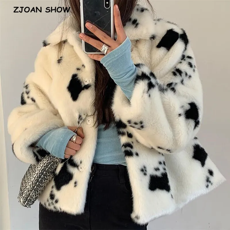 HIGH QUALITY Winter Notched Collar Hairy Shaggy Tuscan Cow Leopard Fur Jacket Long sleeve Furry Fur Women Jacket Short Outerwear