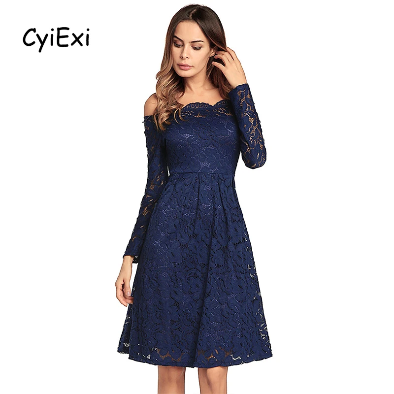 

CyiExi Plus Size Vintage Floral Lace Dress Women Elegant Long Sleeve Sexy Off Shoulder Party Midi Dresses Female Vestidos Verano