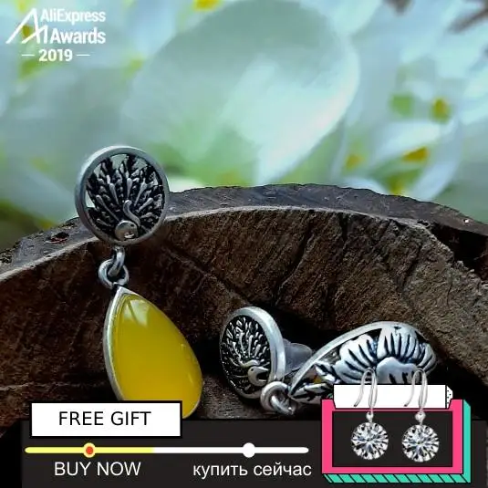 NOT FAKE S925 Fine Poland Earrings 925 Sterling Silver Women Antique shop noble Nature Retro Exquisite citrine Amber life tree
