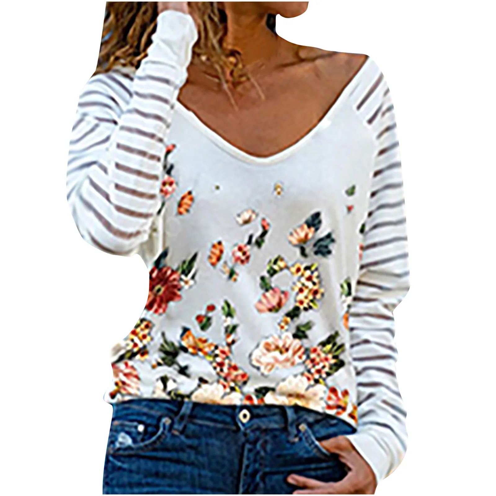 

Women's blouses New Fashion Printing Patchwork Long Sleeve V-Neck Loose Shirt Blouse Top Female Shirts Tops chemise femme blusas