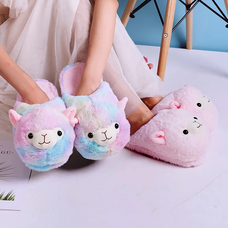 

Lovely Rainbow Alpaca Llama Plush Indoor Warm Winter Adult Shoes Cartoon Cute Anime for Kids Girls Lovers Christmas Gift