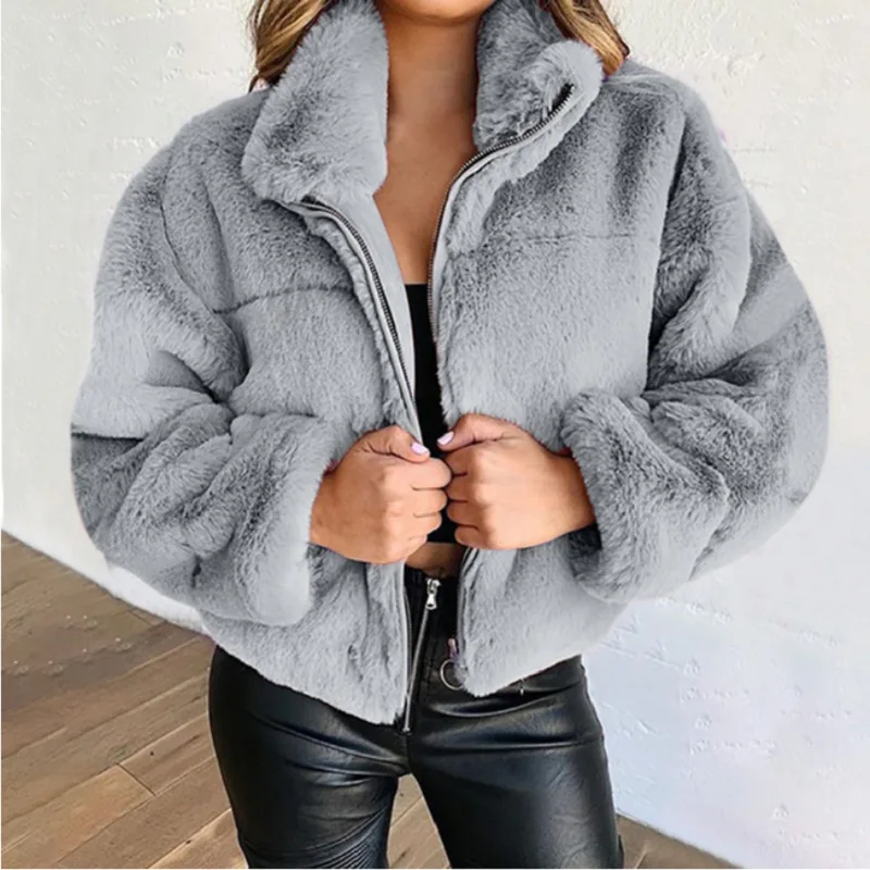 

Women Warm Fluffy Jacket 2021 Winter Fashion Vintage Solid Color Turn-down Long-sleeved Plush Zipper Coat Casual Loose Outerwear
