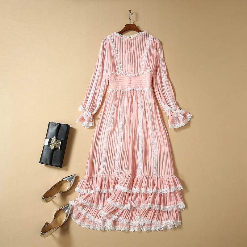 HIGH QUALITY New Fashion 2019 Designer Runway Dress Women's Long Sleeve Lace Patchwork Pleated Midi | Женская одежда