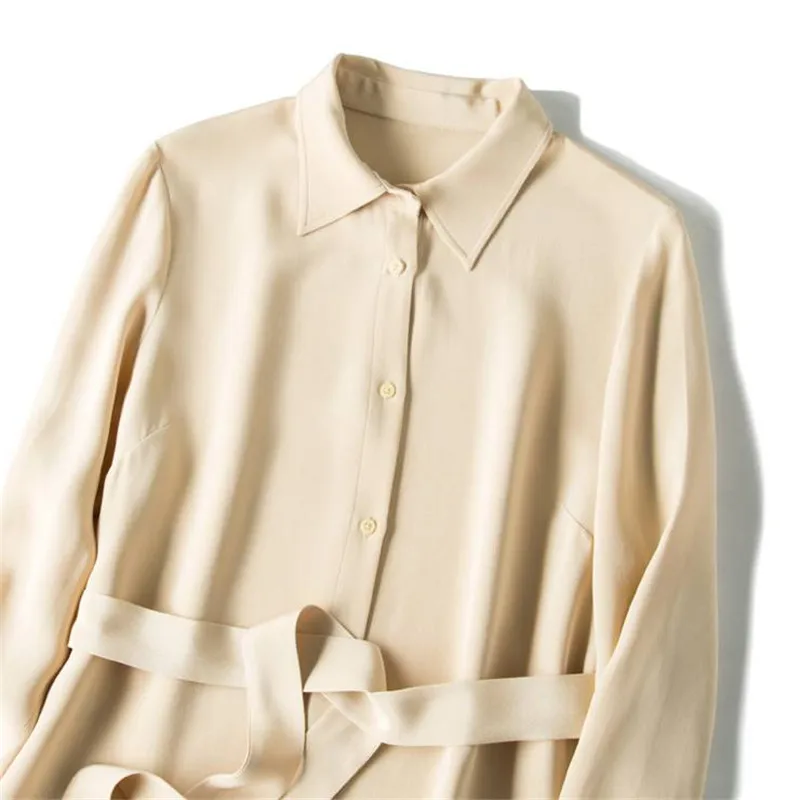 Платье рубашка женское из натурального шелка с длинным рукавом и поясом|natural silk