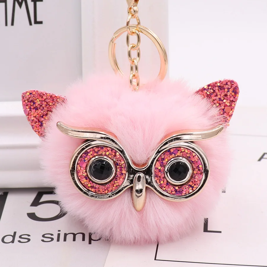 1PCS Cute Fashion Women Handicraft Gold Dust Owl Fur Cony Hair Ball Pom Pom Charm Car Keychain Handbag Key Ring Pendant images - 6