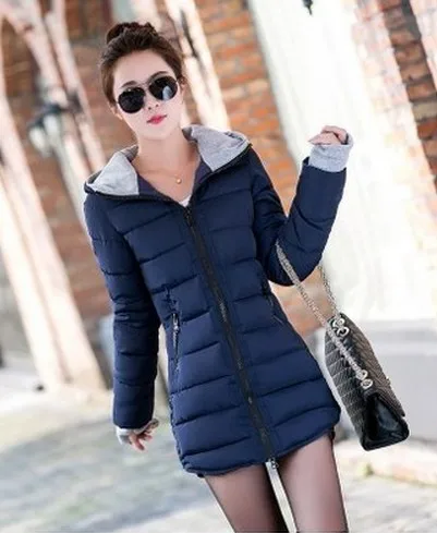 Dark Blue Дешевые оптовые продажи Осень Зима Тонкий пуховик хлопок куртка Женская средней длины утолщение с капюшоном женские перчатки ватное пальто - Цвет: Dark Blue