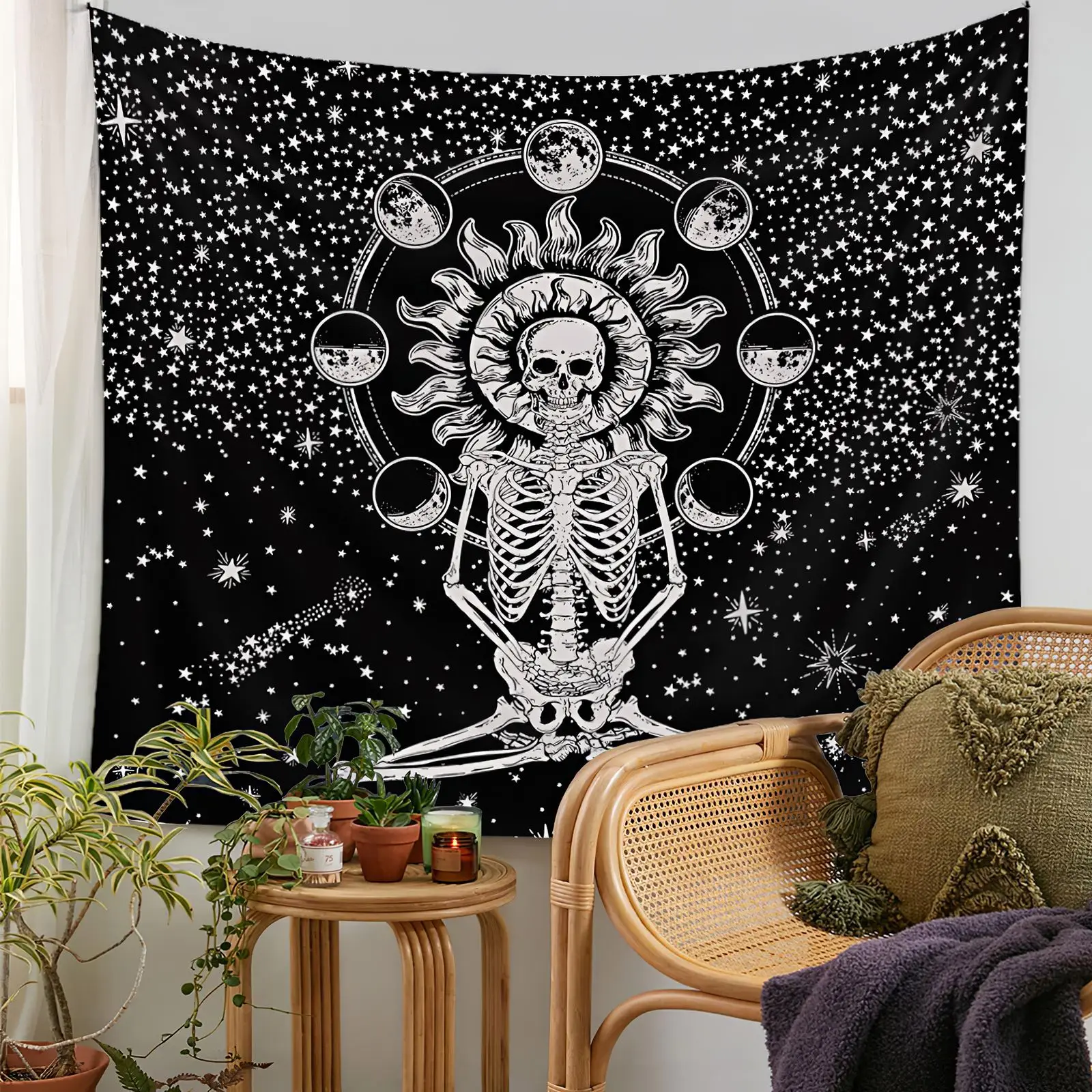 

130x150cm Hanging Gossip Tapestries Hippie Wall Rugs Dorm Decor Blanket Skeleton Tapestry White Black Sun And Moon Tapestry Wall