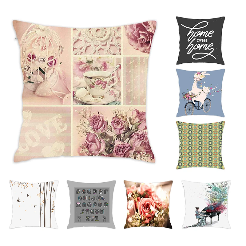 

[Douladou]Floral Design Striped Pattern Pillow Case Skin Plush Digital Printing Seat Cushion Cover Dot Cojines Decorative45x45cm