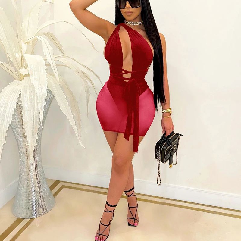 

Women Sexy sleeveless One Shoulder Mesh Mini Bodycon Dress