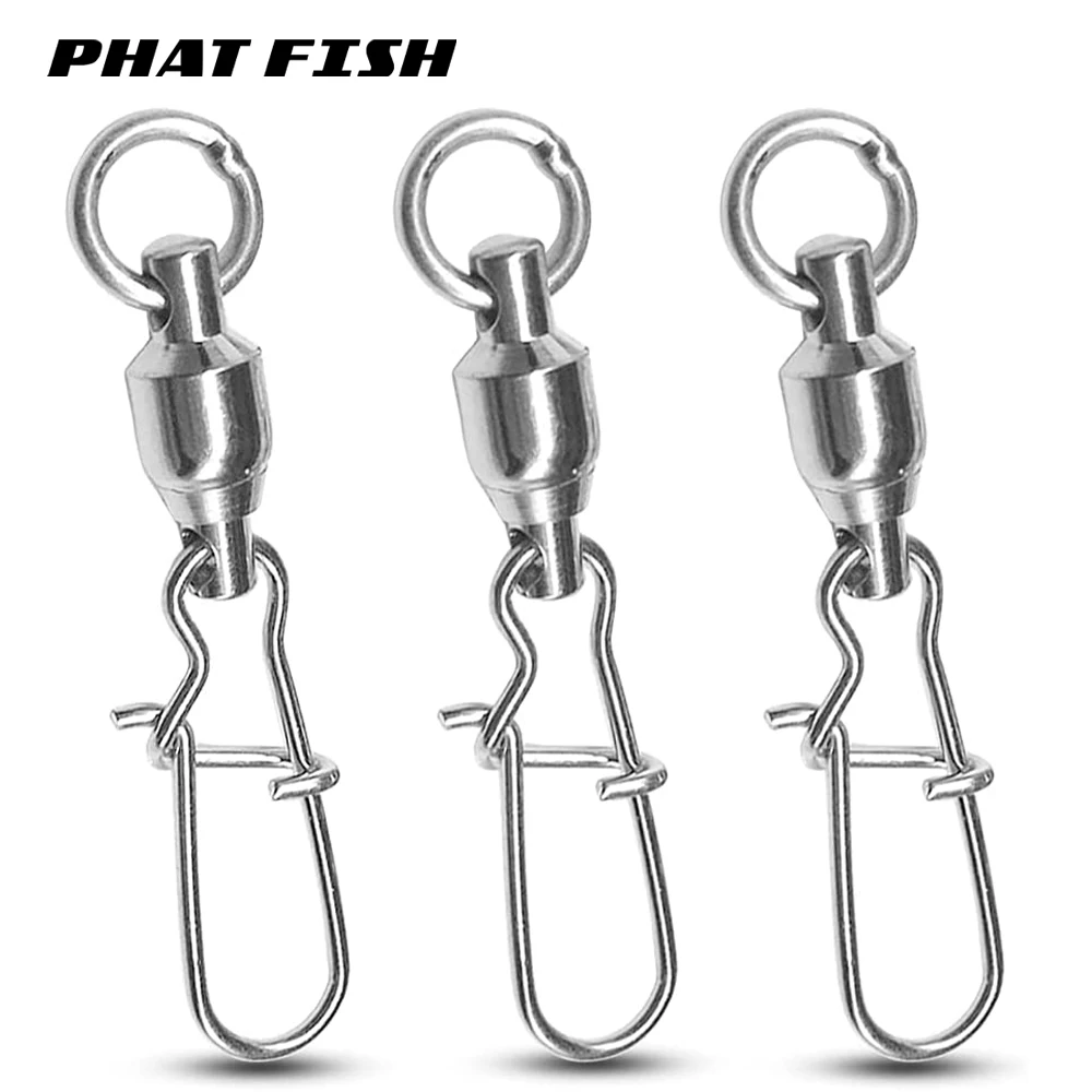 PHAT FISH 50pcs Copper Ball Bearing Swivels with Stainless Steel Nice Snaps Line Lures Connecters Up 100kg Fishing Accessories