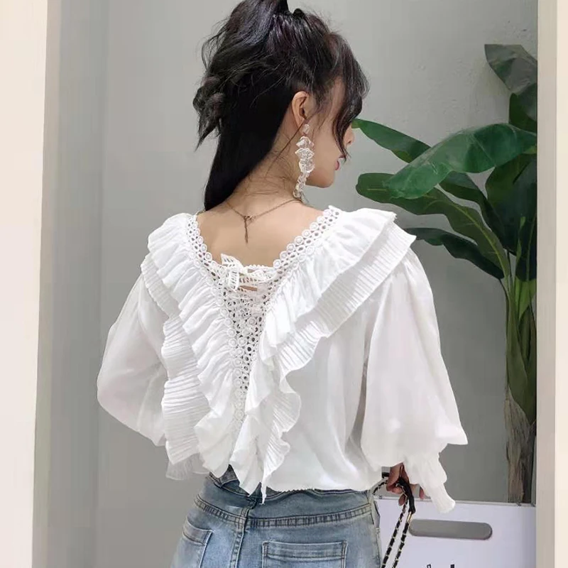 Шифоновая Блузка с оборками и глубоким V-образным вырезом женская рубашка бантом