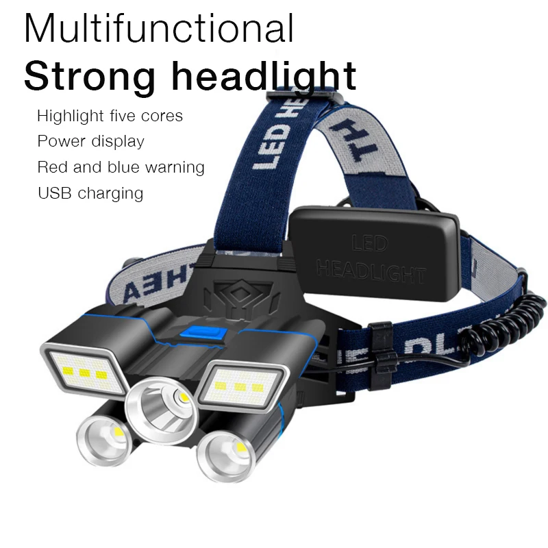 

LED Headlight Outdoor Strong Light Waterproof USB Rechargeable COB Lighting Camping Fishing Light Red Light Warning