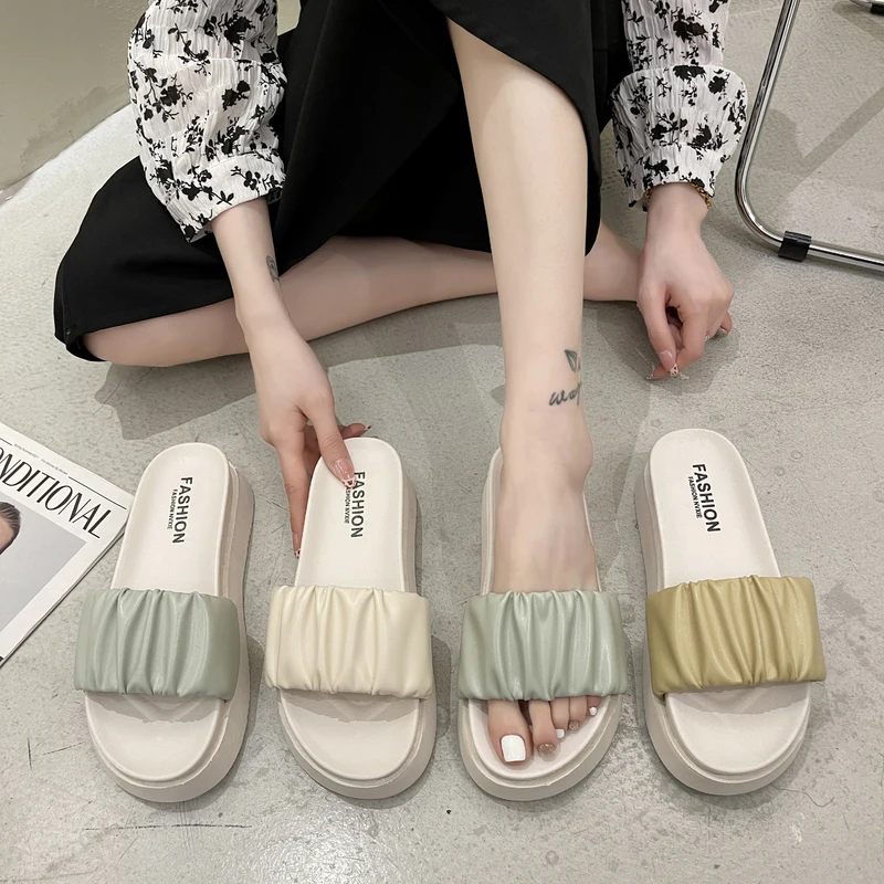 

Slippers Casual Beach Shoes Platform Slipers Women Slides Med Luxury Sabot 2021 Flat Fabric PU Beach Shoes Woman's Slippers Luxu