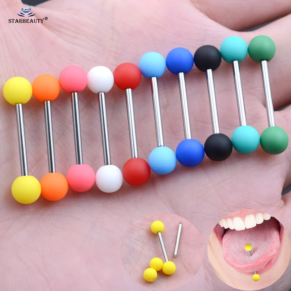 

2pcs DIY 15mm Bar Rubber Painting Acrylic Tongue Piercing Balls Nipple Rings Surgical Steel Barbell Plastic Tongue Rings Jewelry