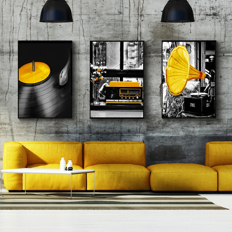 

Canvas Painting Nordic Posters And Prints Black Yellow Vintage Music Record Wall Art Wall Pictures For Living Room Home Decor