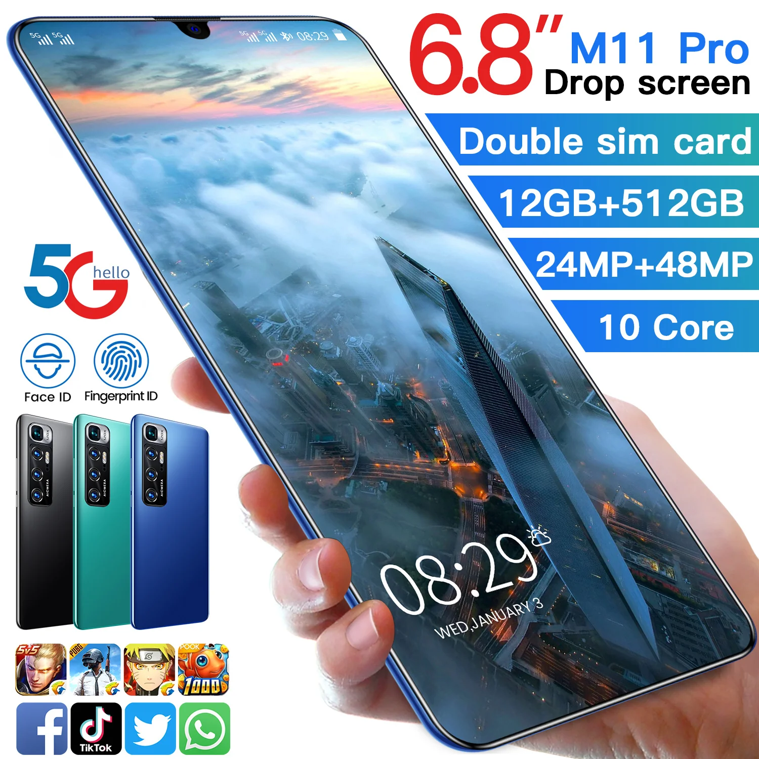 

Global Version M11 Pro 6.8 Inch Smart Phone Android 12-512GB 5000mAh Dual Sim Full Screen Unlocked Mobile Phone MTK 6889 10 Core