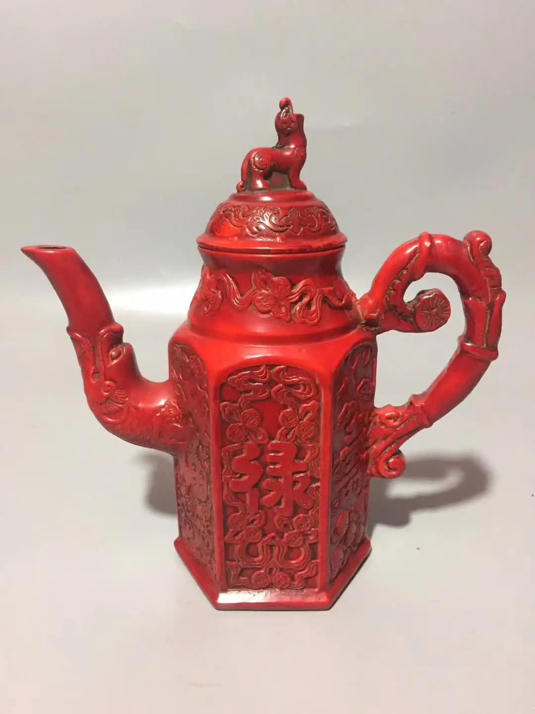 

Chinese Handmade Red Coral Fu Lu Shou Water Pot,Teapot, Wine Pot, Animal Statue Success Wealth Longevity Home Decoration