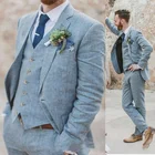 Мужской свадебный костюм из 3 предметов, свадебный костюм из синего льна, приталенный смокинг жениха, пиджак + брюки + жилет, индивидуальный пошив