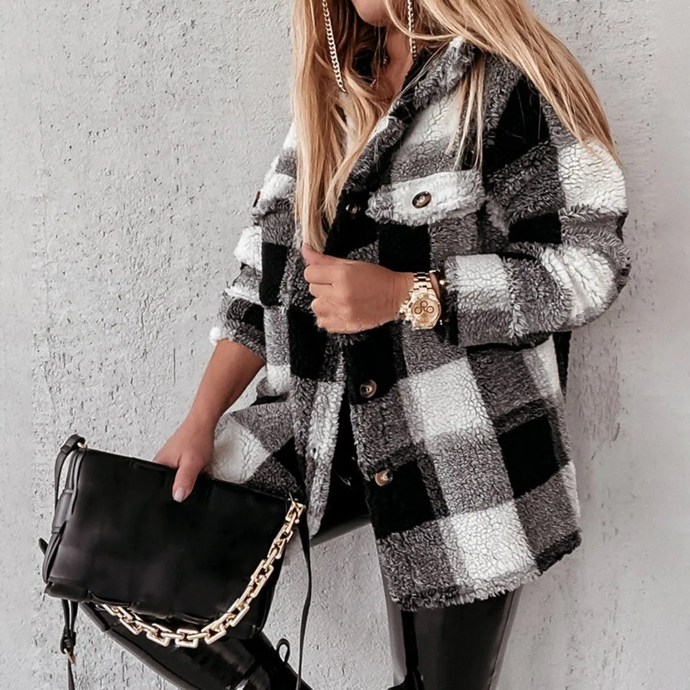 

2021 Winter Checked Women Jacket Down Overcoat Warm Plaid Long Coat Oversize Thick Woolen Blends Female Streetwear