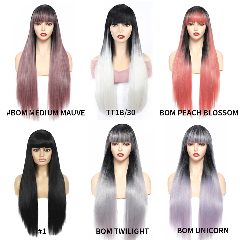 

Ombre Purple Synthetic Wigs With Bangs 26 Inches Long Straight Hair For Women Cosplay Party Wig SOKU Glueless Machine Wigs