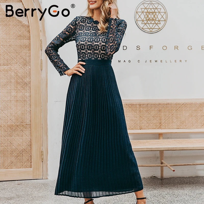BerryGo Просто, элегантно, кружевное платье для женщин, вышивка, плиссированные, с круглым вырезом, длинные, большие размеры, платья женские, Осень-зима, женские сексуальные вечерние платья