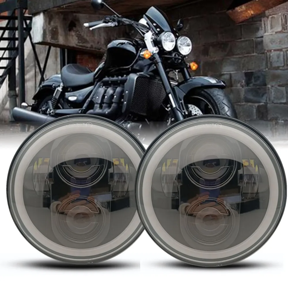 

2pcs Motorcycle 5-3/4" 5.75" LED Headlight Fit For Triumph Rocket 3 Thunderbird White DRL Amber Turn Signal Halo Ring