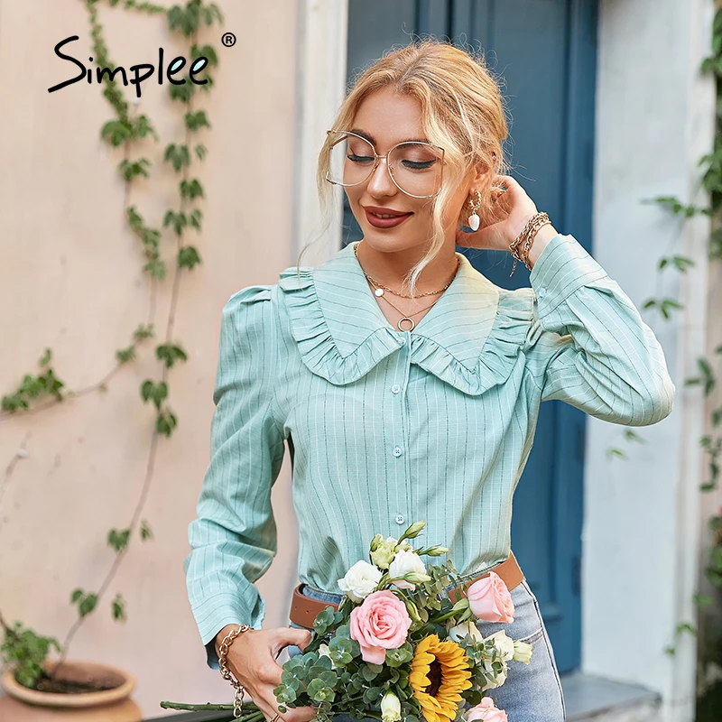 

Simplee Solid Stripes British Women Autumn Shirts Peter Pan Collar Ladies Green Shirts Female Cotton Full Sleeves Top Shirts