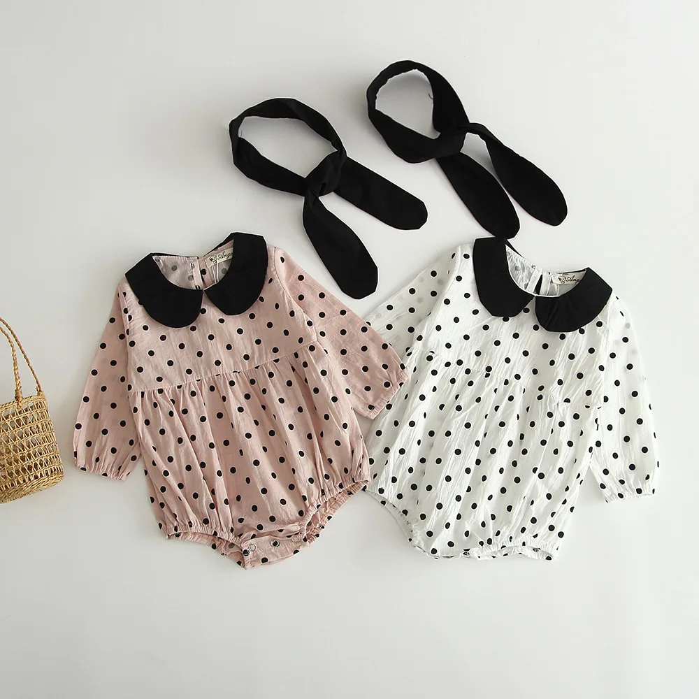 Baby Girl's Palka Dot Rompers Long Sleeve Peter Pan Collar Rompers Baby Princess Triangle Jumpsuit Toddler Kid's Autumn Clothing