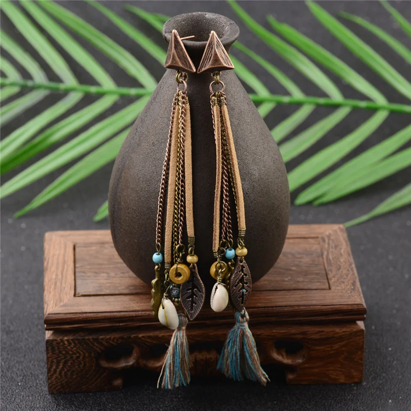 CARTER LISA хиппи шикарная серьга длинная бахрома кожа оболочка лист серьги для