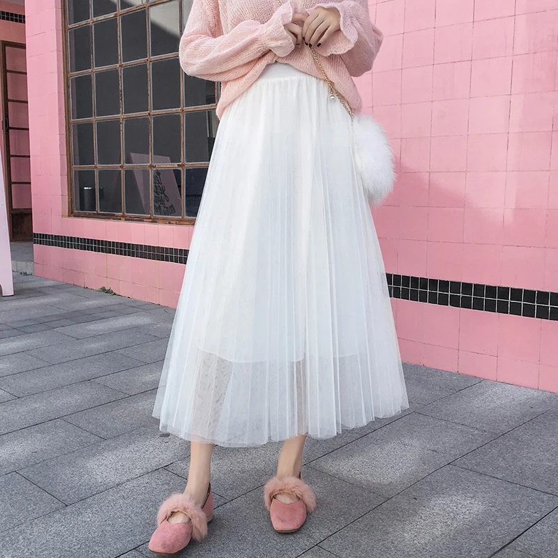 

2021 Korean New Spring Summer Women High Waist Slim Long Skirt Solid Color Double Layer Mesh Tulle Pleated Skirt
