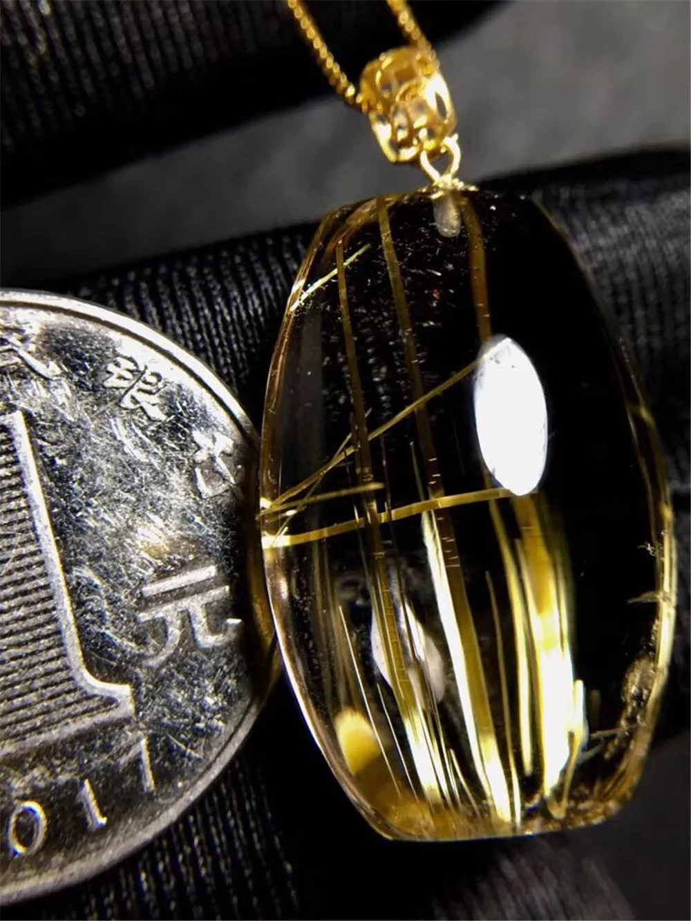 

Top Natural Gold Rutilated Pendant Jewelry For Woman Man 18K Gold Wealth Luck Crystal 27x18x11mm Rectangle Beads Gemstone AAAAA