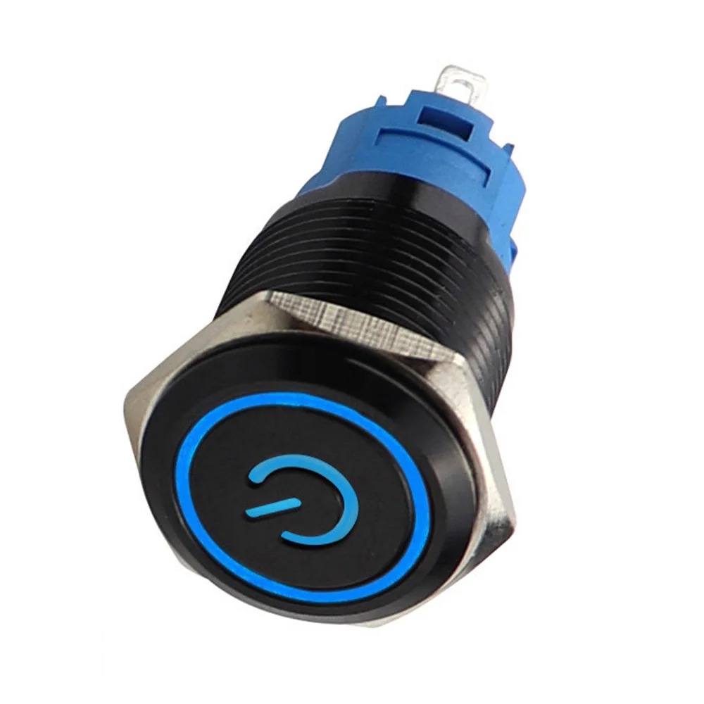 

Черный кнопочный переключатель 12/16/19/22 мм, Водонепроницаемый светодиодный светильник, металлические плоские мгновенные переключатели с индикатором питания 5 В, 12 В, 24 В