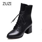 Новинка 2021, высококачественные мягкие кожаные сапоги ZUZI, женские сапоги на толстом каблуке и бархатной подкладке, женские сапоги на среднем каблуке из хлопка