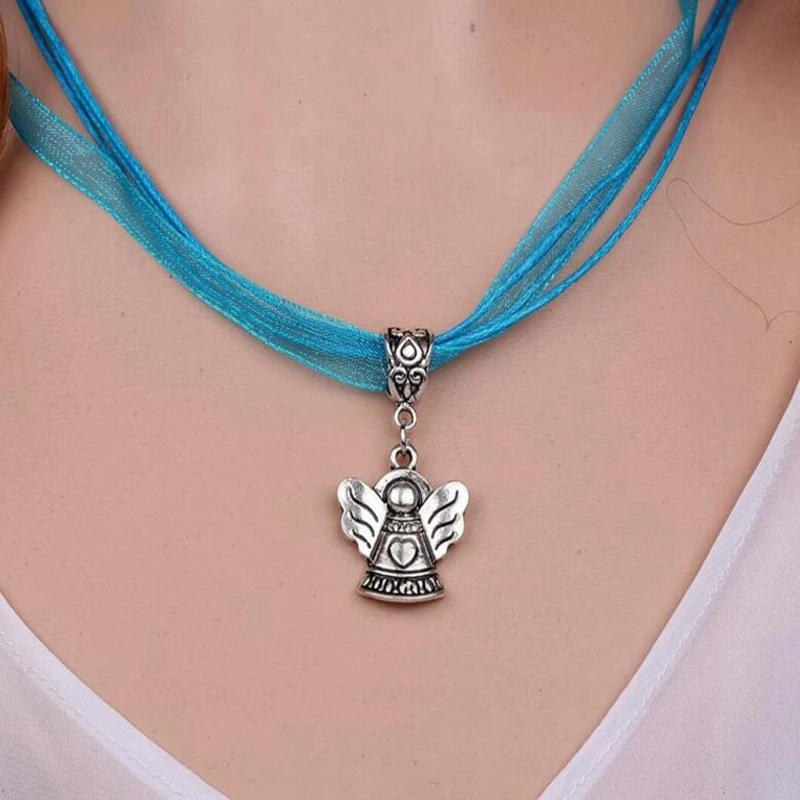 Vintage Silver Opal Angel Necklace Cupid Pendant Statement Imperial Crown Choker Hollow Ange Organza Jewelry Gift | Украшения и