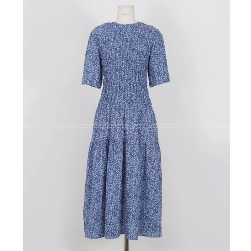 

New 2021 Summer Dress for Women Chiffon Floral Fold Short Sleeve O-Neck Long Dress Casual OfficeLady Casual Dress Vestido 14151