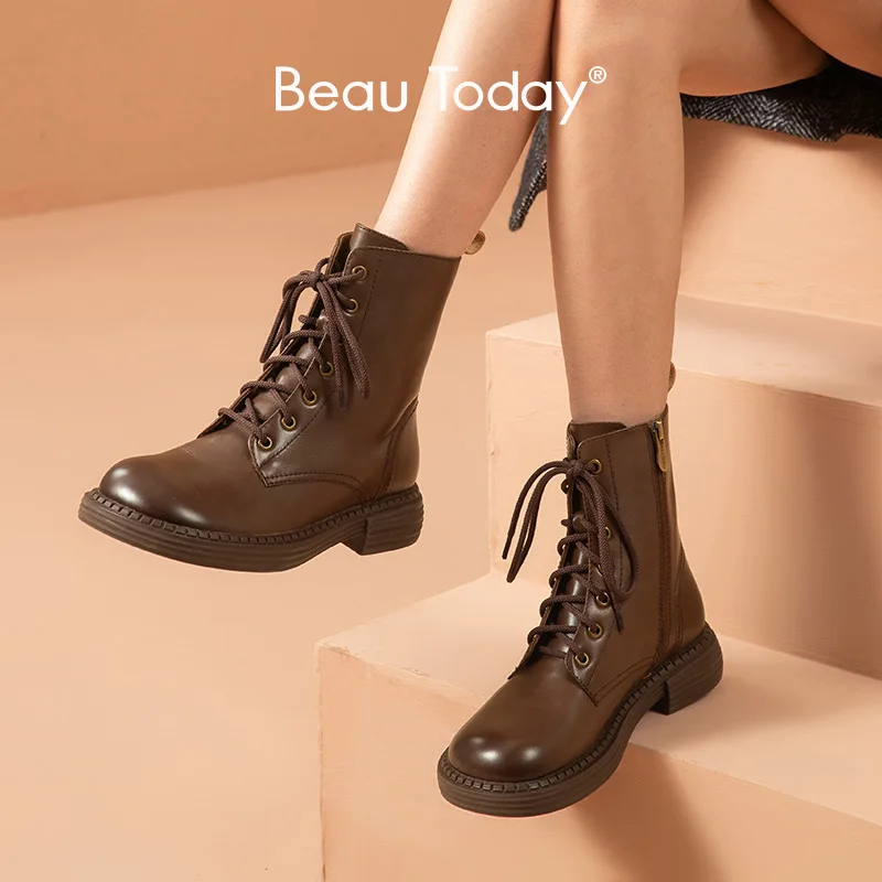 

BeauToday Ankle Boots Women Calfskin Leather Metal Eyelets Side Zipper Lace Up Female Thick Heel Shoes Handmade 04050