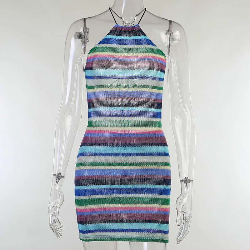 

Summer Colorful Sexy Bodycon Dresses For Women Backless Halter Striped Club Party Holiday Beach Short Mini Dress Casual Clothes